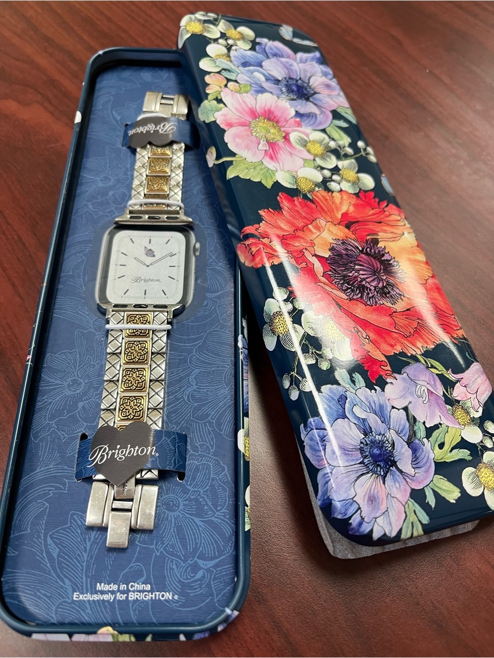 Brighton Two-Tone Silver and Gold Floral Bracelet Watch with Blue Floral Case